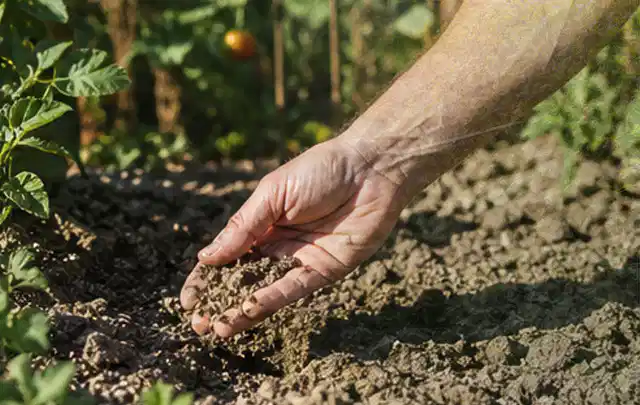 Hand prüft trockene krümelige Gartenerde während einer warmen Sommerphase; Thema Rasenmoos, Schwerpunkt Einsteigerwissen; Ausgangslage.