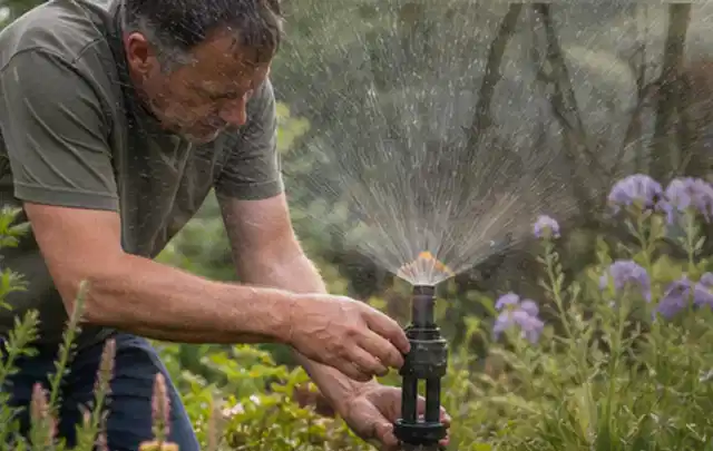 Person richtet einen laufenden Gartensprenger zwischen Stauden präzise aus; Thema Rasenmoos, Schwerpunkt Einsteigerwissen; Praxisalltag.