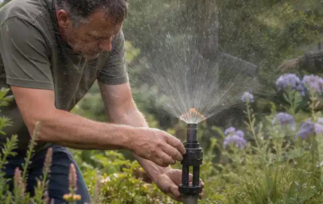 Person richtet einen laufenden Gartensprenger zwischen Stauden präzise aus; Thema Rasenmoos, Schwerpunkt Fehlerhilfe; Ausgangslage.