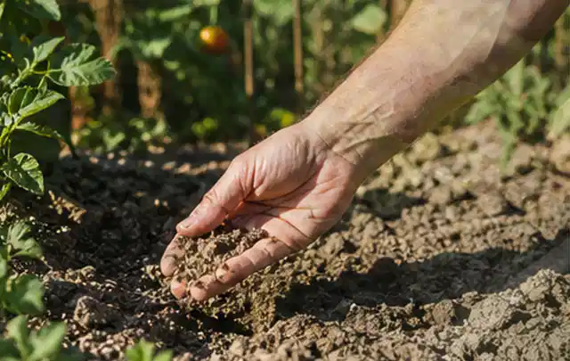Hand prüft trockene krümelige Gartenerde während einer warmen Sommerphase; Thema Rasenmoos, Schwerpunkt Frühjahr; Ausgangslage.