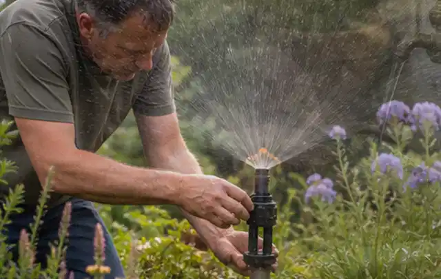 Person richtet einen laufenden Gartensprenger zwischen Stauden präzise aus; Thema Rasenmoos, Schwerpunkt Frühjahr; Praxisalltag.