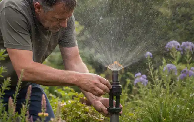 Person richtet einen laufenden Gartensprenger zwischen Stauden präzise aus; Thema Rasenmoos, Schwerpunkt Herbstpflege; Umsetzung.