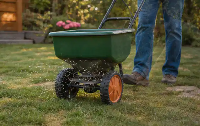 Person verteilt Rasensamen mit einem Streuwagen auf einer lückigen Fläche; Thema Rasenmoos, Schwerpunkt Herbstpflege; Praxisalltag.