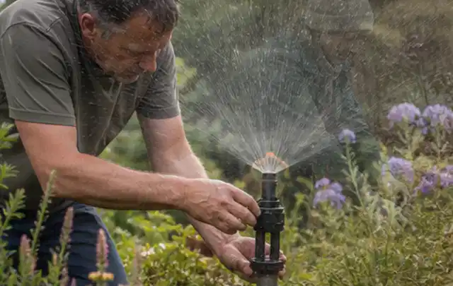 Person richtet einen laufenden Gartensprenger zwischen Stauden präzise aus; Thema Rasenmoos, Schwerpunkt Kosten; Praxisalltag.