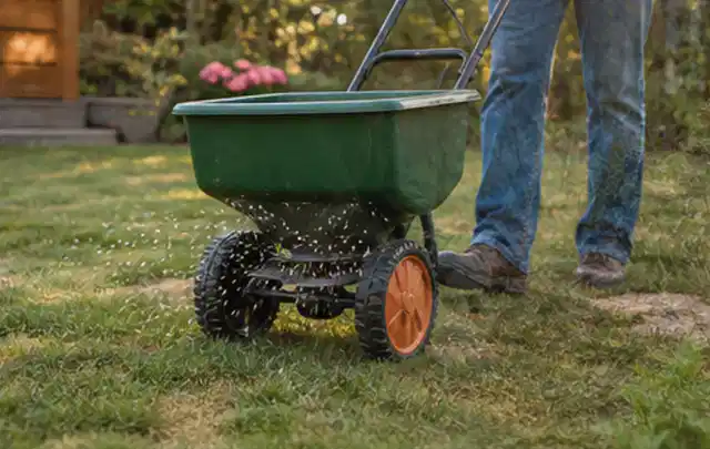 Person verteilt Rasensamen mit einem Streuwagen auf einer lückigen Fläche; Thema Rasenmoos, Schwerpunkt Rasenpflege; Ausgangslage.