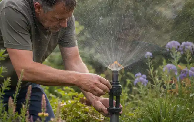 Person richtet einen laufenden Gartensprenger zwischen Stauden präzise aus; Thema Rasenmoos, Schwerpunkt Rasenpflege; Kontrolle.