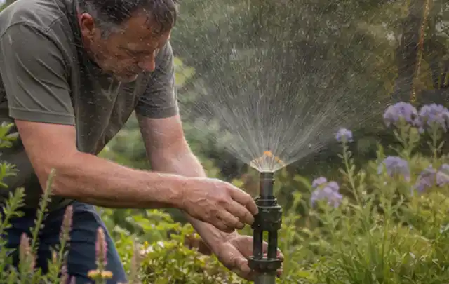 Person richtet einen laufenden Gartensprenger zwischen Stauden präzise aus; Thema Rasenmoos, Schwerpunkt Vertikutieren; Ausgangslage.