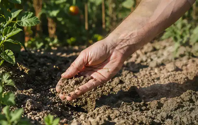 Hand prüft trockene krümelige Gartenerde während einer warmen Sommerphase; Thema Rasenmoos, Schwerpunkt Vertikutieren; Ergebnis.