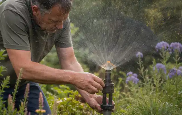 Person richtet einen laufenden Gartensprenger zwischen Stauden präzise aus; Thema Rasenpflege, Schwerpunkt Rasen; Ergebnis.