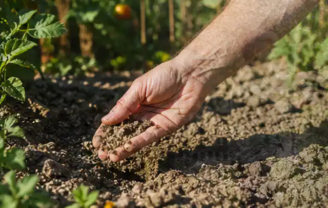 Hand prüft trockene krümelige Gartenerde während einer warmen Sommerphase; Thema Rasensamen, Schwerpunkt Bodenpflege; Ausgangslage.