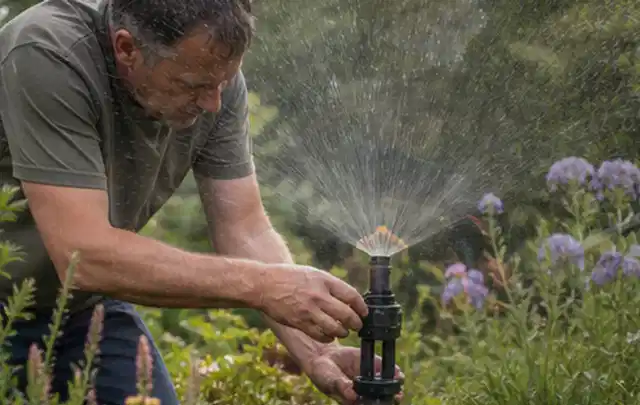 Person richtet einen laufenden Gartensprenger zwischen Stauden präzise aus; Thema Rasensamen, Schwerpunkt Bodenpflege; Umsetzung.