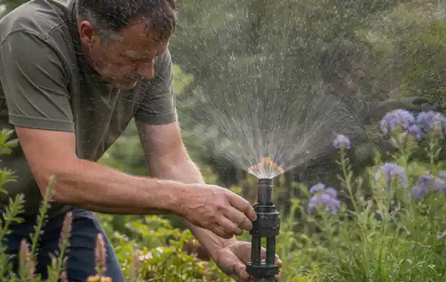 Person richtet einen laufenden Gartensprenger zwischen Stauden präzise aus; Thema Rasensamen, Schwerpunkt Einsteigerwissen; Umsetzung.