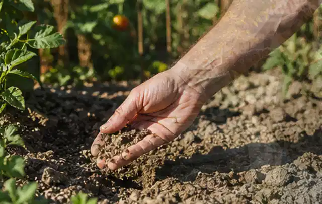 Hand prüft trockene krümelige Gartenerde während einer warmen Sommerphase; Thema Rasensamen, Schwerpunkt Fehlerhilfe; Kontrolle.