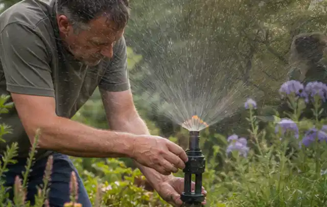 Person richtet einen laufenden Gartensprenger zwischen Stauden präzise aus; Thema Rasensamen, Schwerpunkt Frühjahr; Praxisalltag.