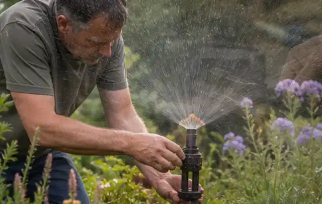 Person richtet einen laufenden Gartensprenger zwischen Stauden präzise aus; Thema Rasensamen, Schwerpunkt Herbstpflege; Ausgangslage.
