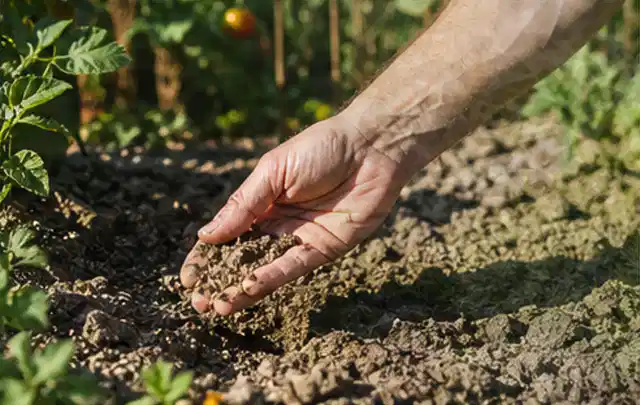 Hand prüft trockene krümelige Gartenerde während einer warmen Sommerphase; Thema Rasensamen, Schwerpunkt Hitzeschutz; Umsetzung.