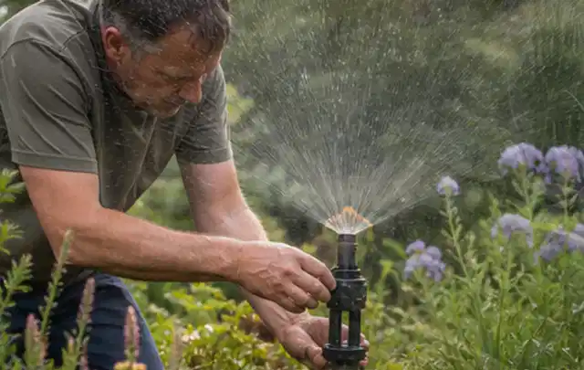 Person richtet einen laufenden Gartensprenger zwischen Stauden präzise aus; Thema Rasensamen, Schwerpunkt Nachsaat; Praxisalltag.