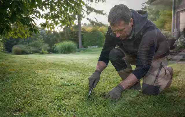 Person prüft den Boden einer gepflegten Rasenfläche im Garten; Thema Rasensamen, Schwerpunkt Neuanlage; Ergebnis.