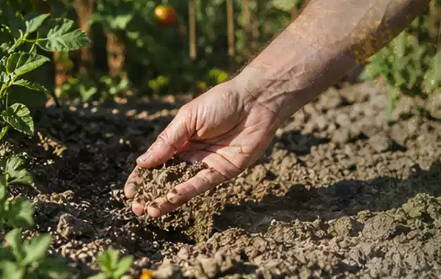Hand prüft trockene krümelige Gartenerde während einer warmen Sommerphase; Thema Rasensamen, Schwerpunkt Neuanlage; Praxisalltag.