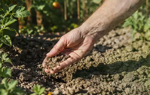 Hand prüft trockene krümelige Gartenerde während einer warmen Sommerphase; Thema Rasensamen, Schwerpunkt Rasen; Ausgangslage.