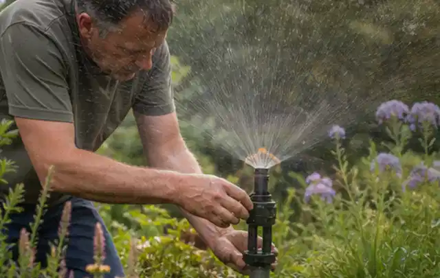 Person richtet einen laufenden Gartensprenger zwischen Stauden präzise aus; Thema Rasensamen, Schwerpunkt Rasenpflege; Kontrolle.