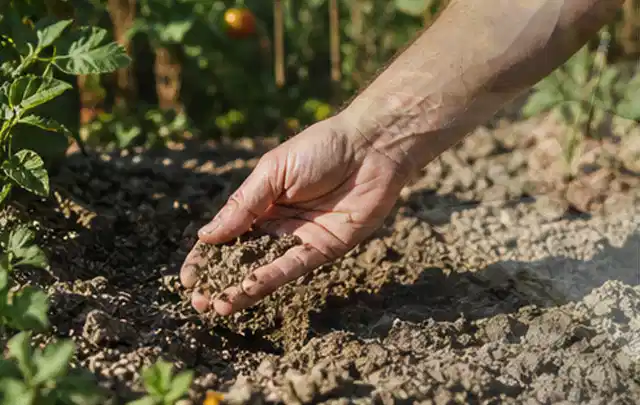 Hand prüft trockene krümelige Gartenerde während einer warmen Sommerphase; Thema Rasensamen, Schwerpunkt Rasenpflege; Ergebnis.