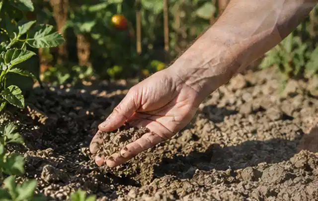 Hand prüft trockene krümelige Gartenerde während einer warmen Sommerphase; Thema Rasensprenger, Schwerpunkt Bestenliste; Praxisalltag.