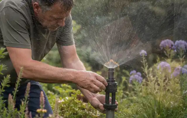 Person richtet einen laufenden Gartensprenger zwischen Stauden präzise aus; Thema Rasensprenger, Schwerpunkt Bewässerung; Umsetzung.