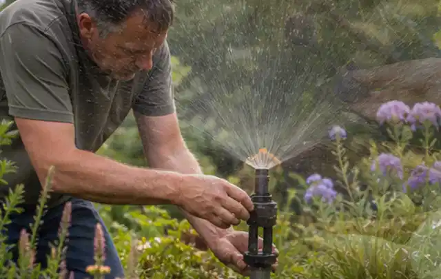 Person richtet einen laufenden Gartensprenger zwischen Stauden präzise aus; Thema Rasensprenger, Schwerpunkt Checkliste; Praxisalltag.