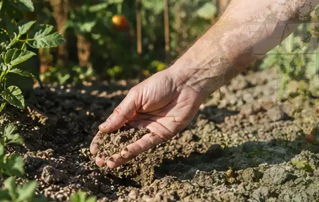 Hand prüft trockene krümelige Gartenerde während einer warmen Sommerphase; Thema Rasensprenger, Schwerpunkt Dimensionierung; Ausgangslage.
