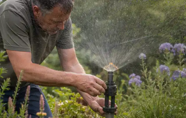 Person richtet einen laufenden Gartensprenger zwischen Stauden präzise aus; Thema Rasensprenger, Schwerpunkt Dimensionierung; Ergebnis.