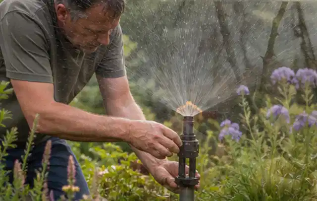 Person richtet einen laufenden Gartensprenger zwischen Stauden präzise aus; Thema Rasensprenger, Schwerpunkt Ersatzteile; Praxisalltag.