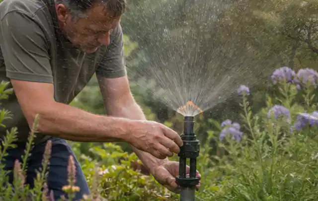 Person richtet einen laufenden Gartensprenger zwischen Stauden präzise aus; Thema Rasensprenger, Schwerpunkt Fehlerhilfe; Ausgangslage.