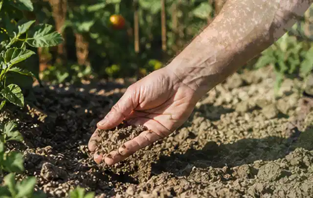 Hand prüft trockene krümelige Gartenerde während einer warmen Sommerphase; Thema Rasensprenger, Schwerpunkt Gärten mit großer Fläche; Umsetzung.