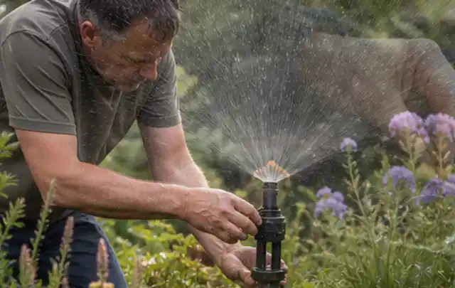 Person richtet einen laufenden Gartensprenger zwischen Stauden präzise aus; Thema Rasensprenger, Schwerpunkt Gärten mit großer Fläche; Praxisalltag.