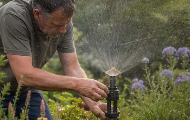 Person richtet einen laufenden Gartensprenger zwischen Stauden präzise aus; Thema Rasensprenger, Schwerpunkt Gärten mit kleiner Fläche; Kontrolle.