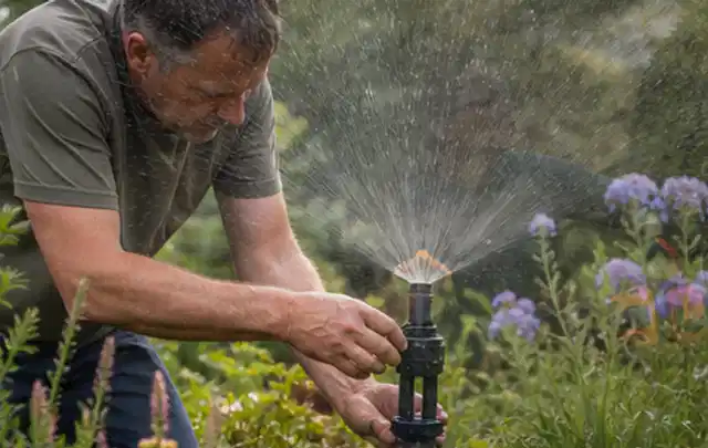 Person richtet einen laufenden Gartensprenger zwischen Stauden präzise aus; Thema Rasensprenger, Schwerpunkt Kosten; Umsetzung.
