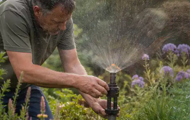 Person richtet einen laufenden Gartensprenger zwischen Stauden präzise aus; Thema Rasensprenger, Schwerpunkt Leistung; Kontrolle.