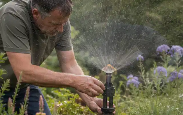Person richtet einen laufenden Gartensprenger zwischen Stauden präzise aus; Thema Rasensprenger, Schwerpunkt Nachhaltigkeit; Ausgangslage.