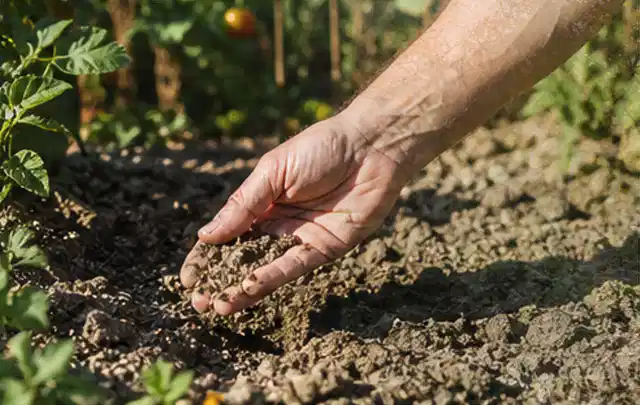 Hand prüft trockene krümelige Gartenerde während einer warmen Sommerphase; Thema Rasensprenger, Schwerpunkt Reinigung; Kontrolle.