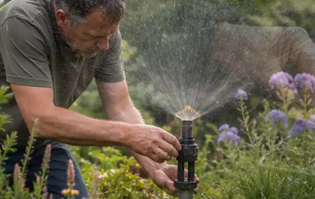 Person richtet einen laufenden Gartensprenger zwischen Stauden präzise aus; Thema Rasensprenger, Schwerpunkt Reparatur; Ausgangslage.