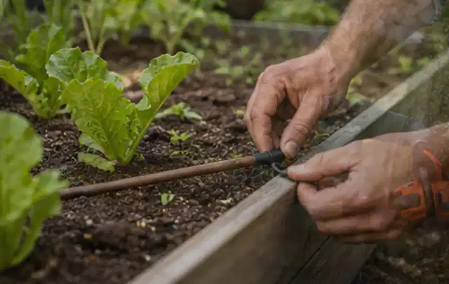 Hände befestigen einen Tropfschlauch nahe an jungen Pflanzen im Hochbeet; Thema Rasensprenger, Schwerpunkt Reparatur; Umsetzung.