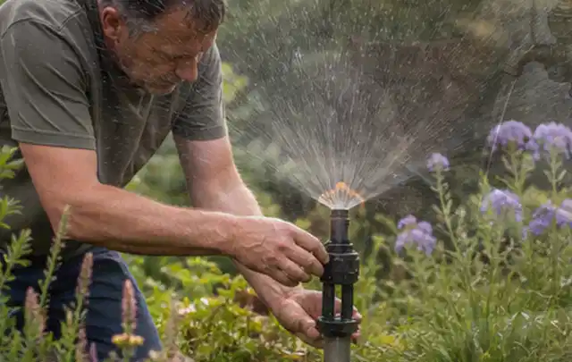 Person richtet einen laufenden Gartensprenger zwischen Stauden präzise aus; Thema Rasensprenger, Schwerpunkt Sicherheit; Umsetzung.