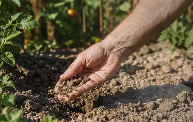 Hand prüft trockene krümelige Gartenerde während einer warmen Sommerphase; Thema Rasensprenger, Schwerpunkt Systemvergleich; Kontrolle.
