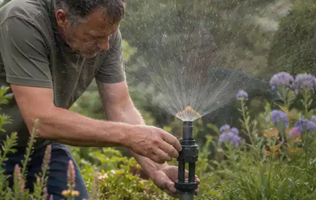 Person richtet einen laufenden Gartensprenger zwischen Stauden präzise aus; Thema Rasensprenger, Schwerpunkt Systemvergleich; Ergebnis.