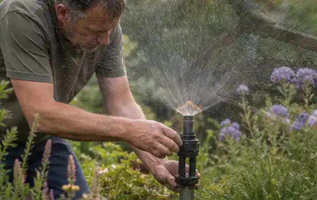 Person richtet einen laufenden Gartensprenger zwischen Stauden präzise aus; Thema Rasensprenger, Schwerpunkt Winterlager; Ergebnis.