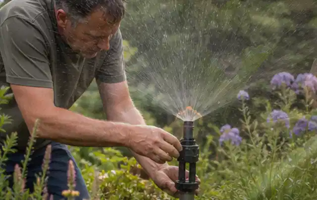 Person richtet einen laufenden Gartensprenger zwischen Stauden präzise aus; Thema Rasenunkraut, Schwerpunkt Bodenpflege; Kontrolle.