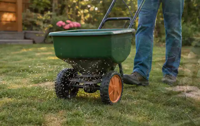 Person verteilt Rasensamen mit einem Streuwagen auf einer lückigen Fläche; Thema Rasenunkraut, Schwerpunkt Checkliste; Umsetzung.