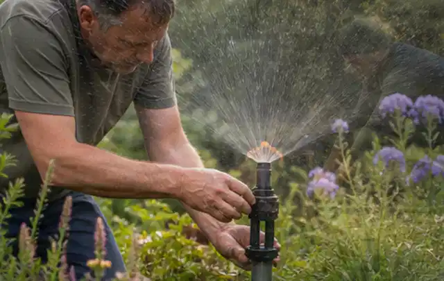 Person richtet einen laufenden Gartensprenger zwischen Stauden präzise aus; Thema Rasenunkraut, Schwerpunkt Checkliste; Praxisalltag.