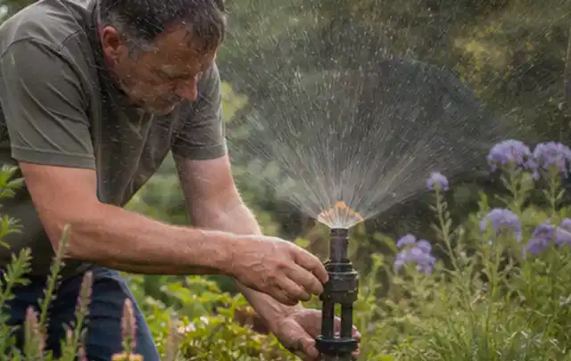 Person richtet einen laufenden Gartensprenger zwischen Stauden präzise aus; Thema Rasenunkraut, Schwerpunkt Einsteigerwissen; Ausgangslage.